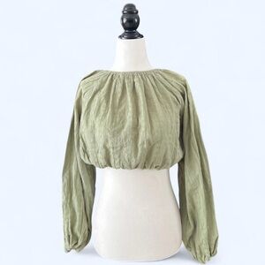 Green Off the Shoulder Cropped Peasant Boho Billow Long Sleeve Blouse Small